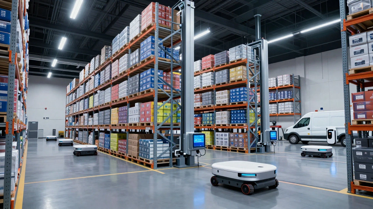 Interior of a high-tech automated warehouse with robots and tall shelves