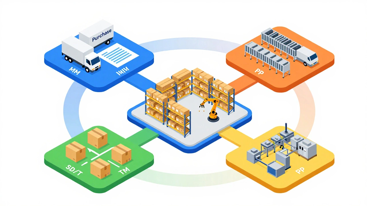 Isometric diagram of integrated SAP logistics modules in action