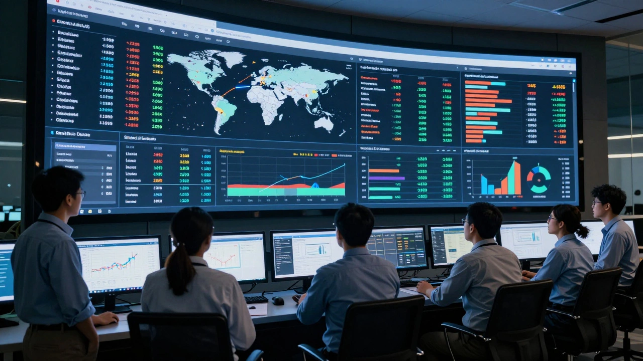 Logistics team monitoring real-time data on large dashboard screens