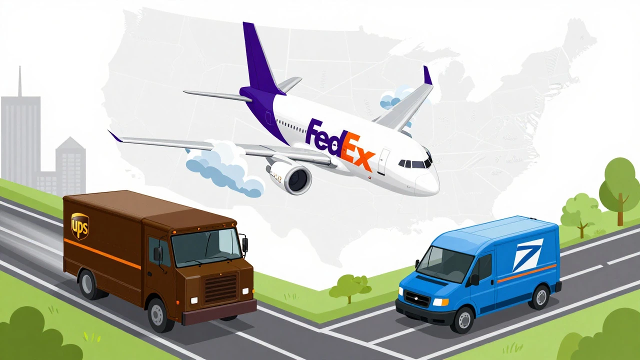 UPS, FedEx, and USPS vehicles on a logistics map