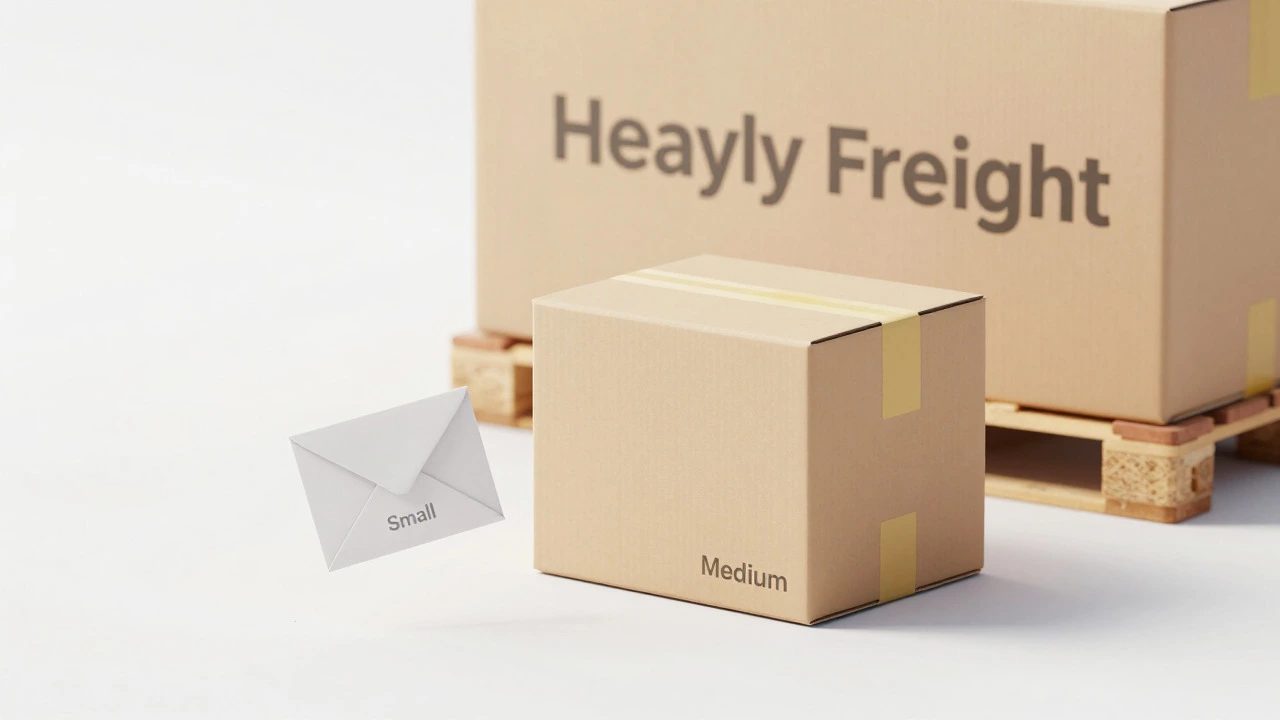Visual comparison of small, medium, and heavy shipping packages