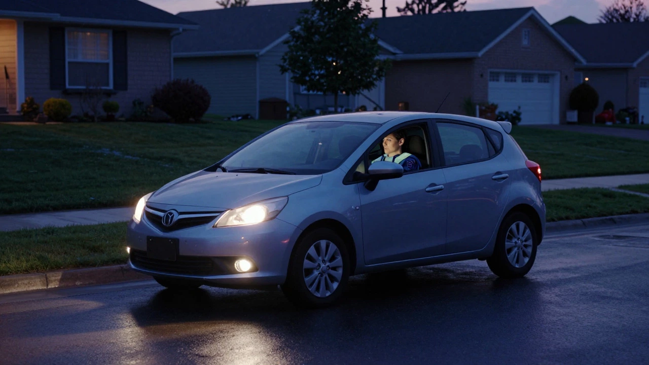 A car parked in a driveway at dusk with a driver sitting inside, contemplating their work