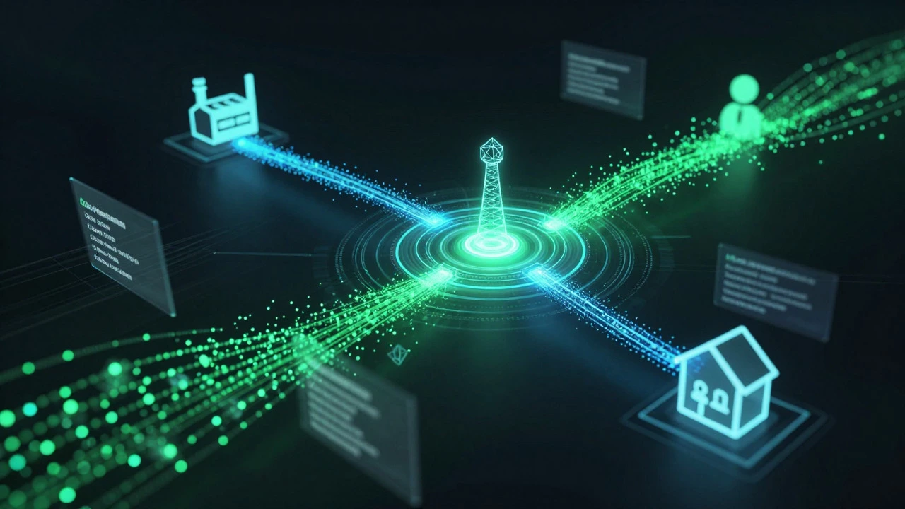 Abstract glowing data streams connecting supply chain nodes in a dark space