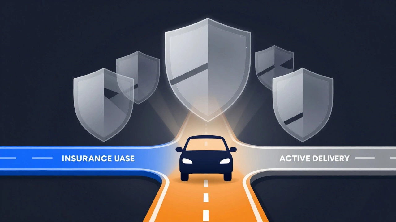 Abstract illustration showing layered shields and splitting roads representing insurance coverage