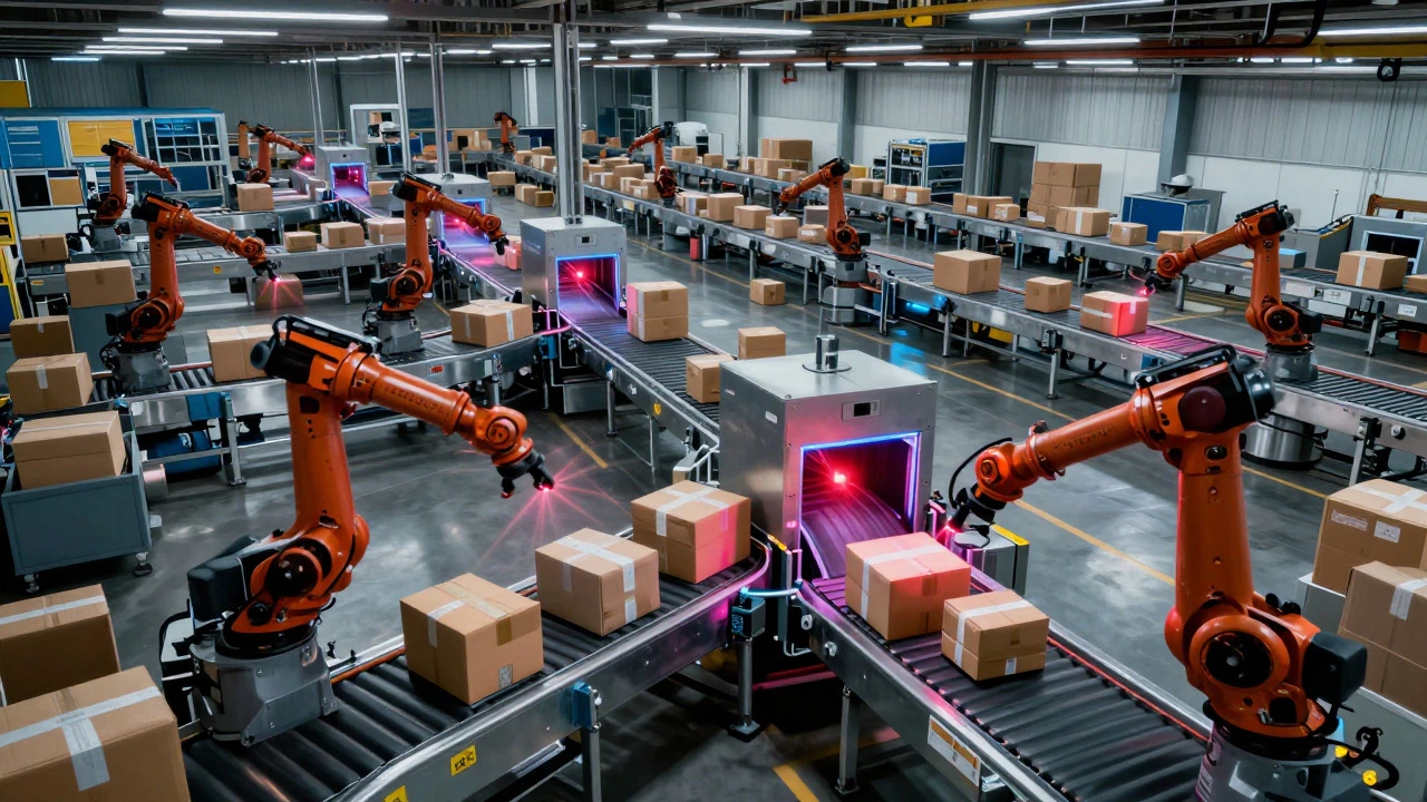 Automated conveyor belts sorting parcels in a large logistics hub