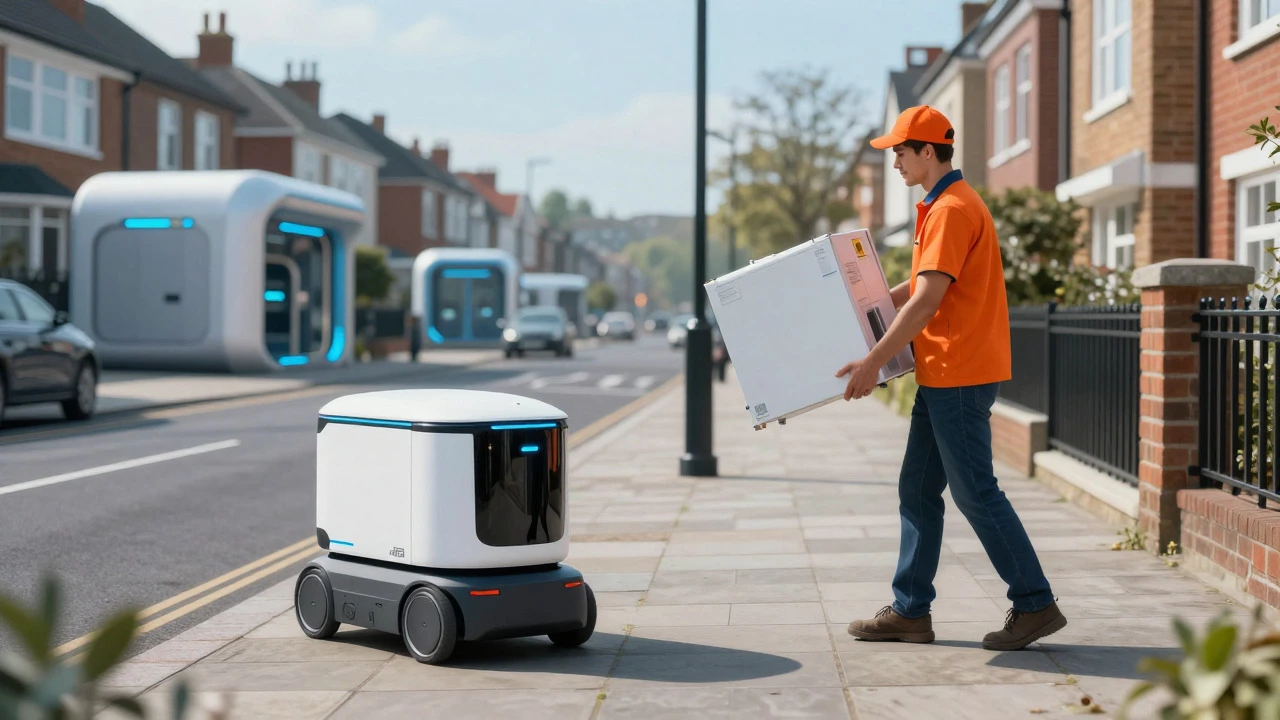 Autonomous robot and human courier working together on a residential street