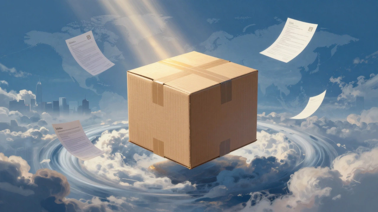 Cardboard box floating in clouds with abstract customs documents and city silhouettes