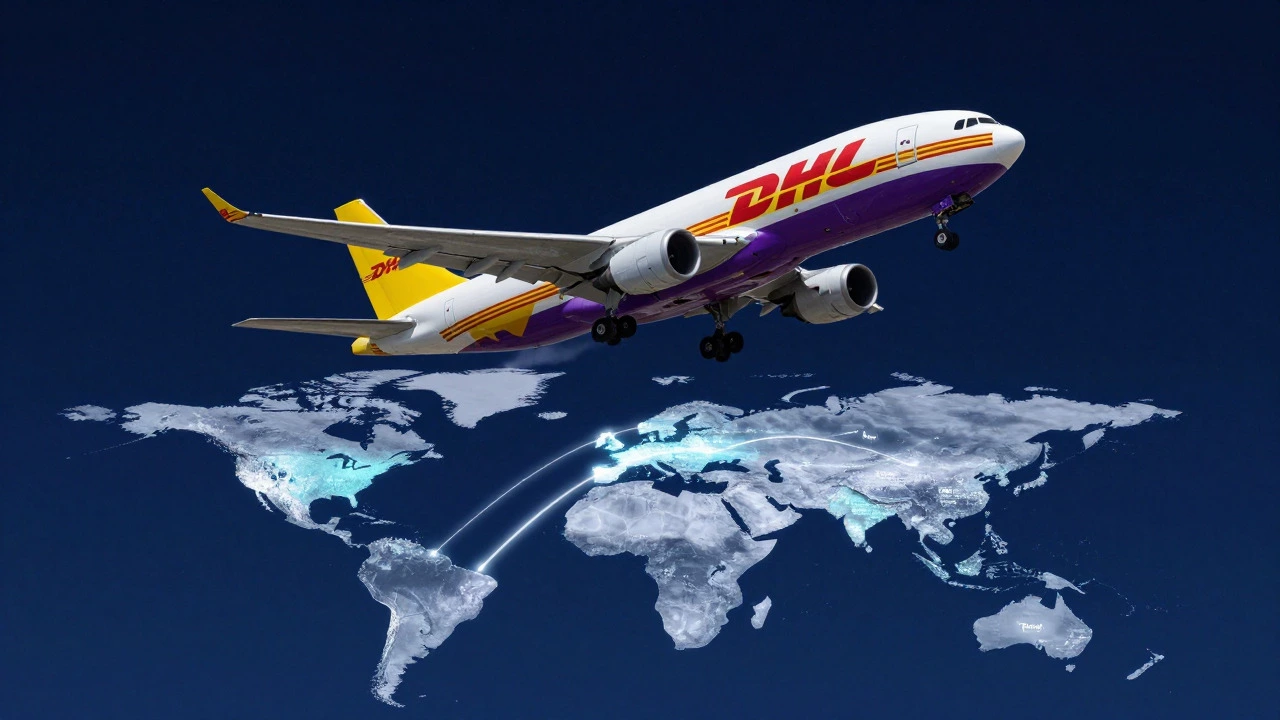 Cargo plane flying over a digital world map showing global shipping routes.