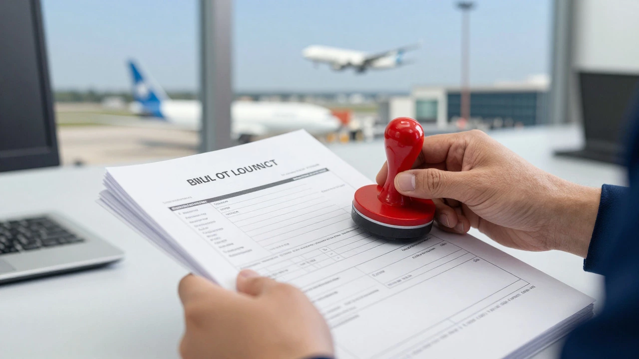 Close-up of hands reviewing shipping documents with an airport view in background