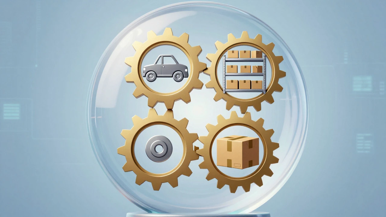 Conceptual illustration of four interlocking gears representing key logistics components