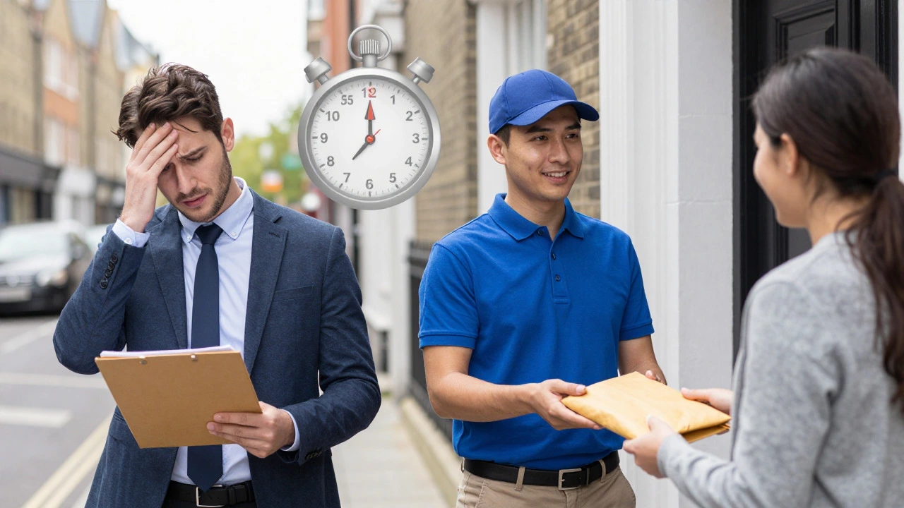 Courier handing a document to a relieved customer on a city street.