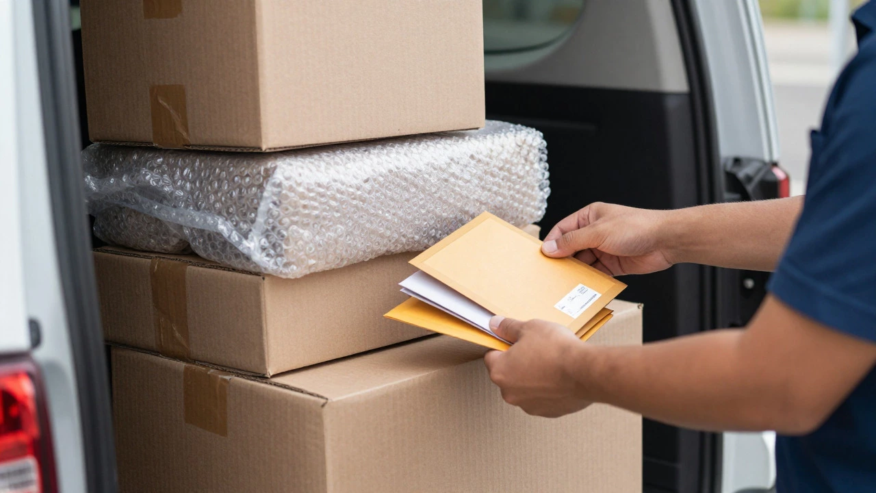 Courier hands sorting various packages inside a delivery van