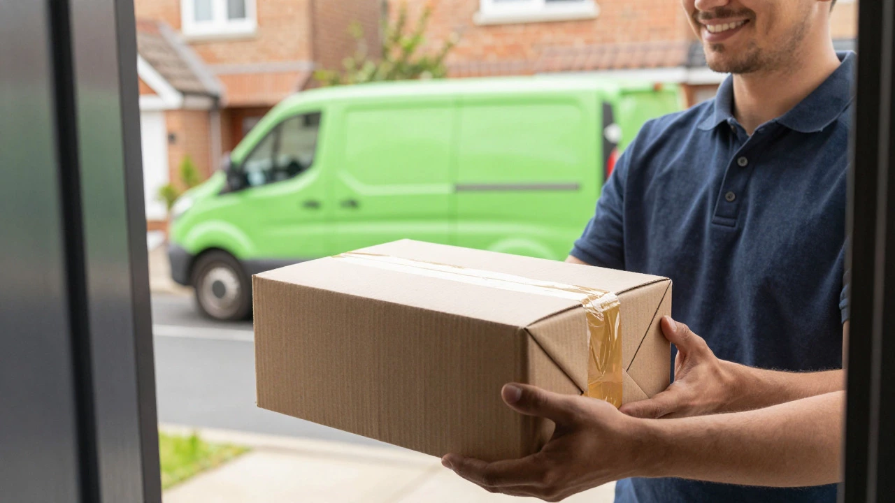 Customer receiving eco-friendly package from delivery driver at home