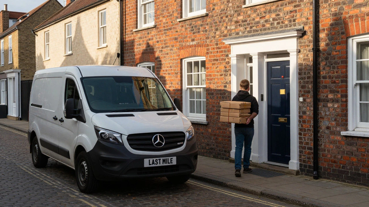 Delivery driver exiting a van on a narrow UK street