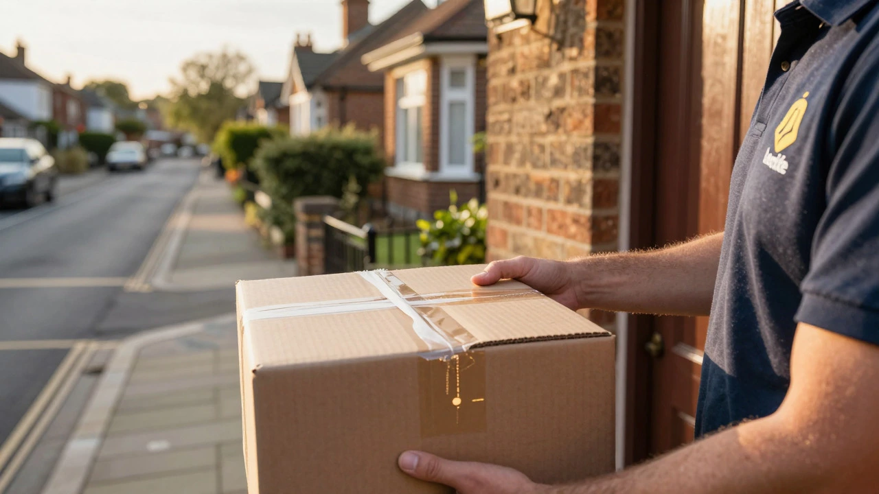 Delivery driver leaving a package on a UK residential doorstep.