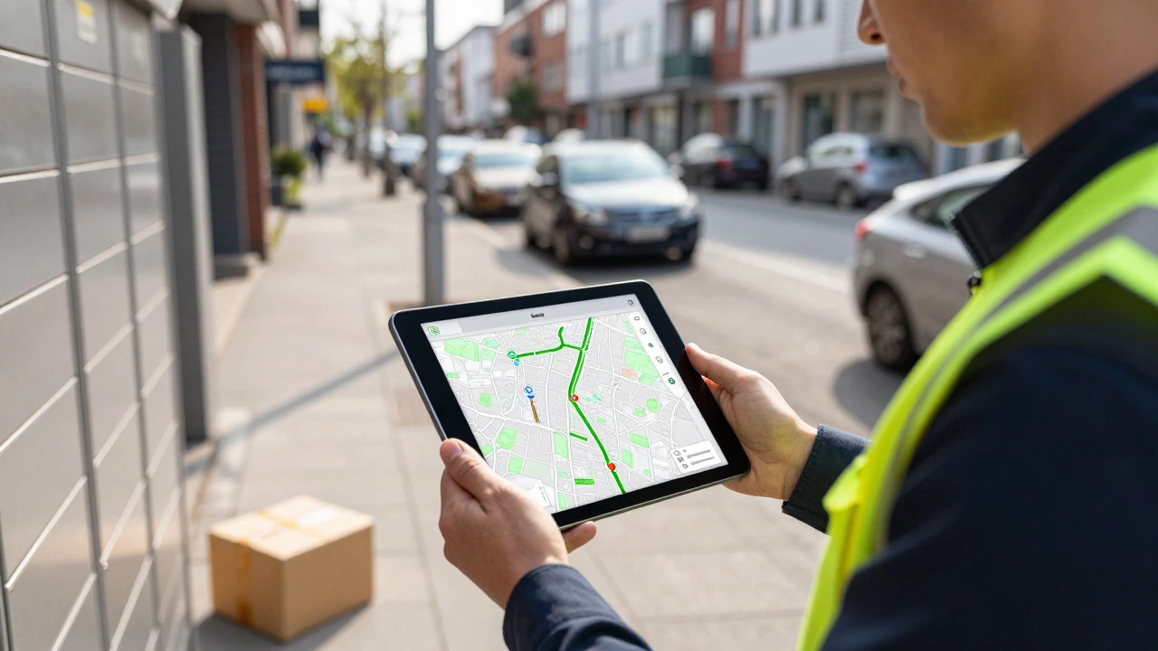 Delivery driver using tablet for route optimization on a busy city street
