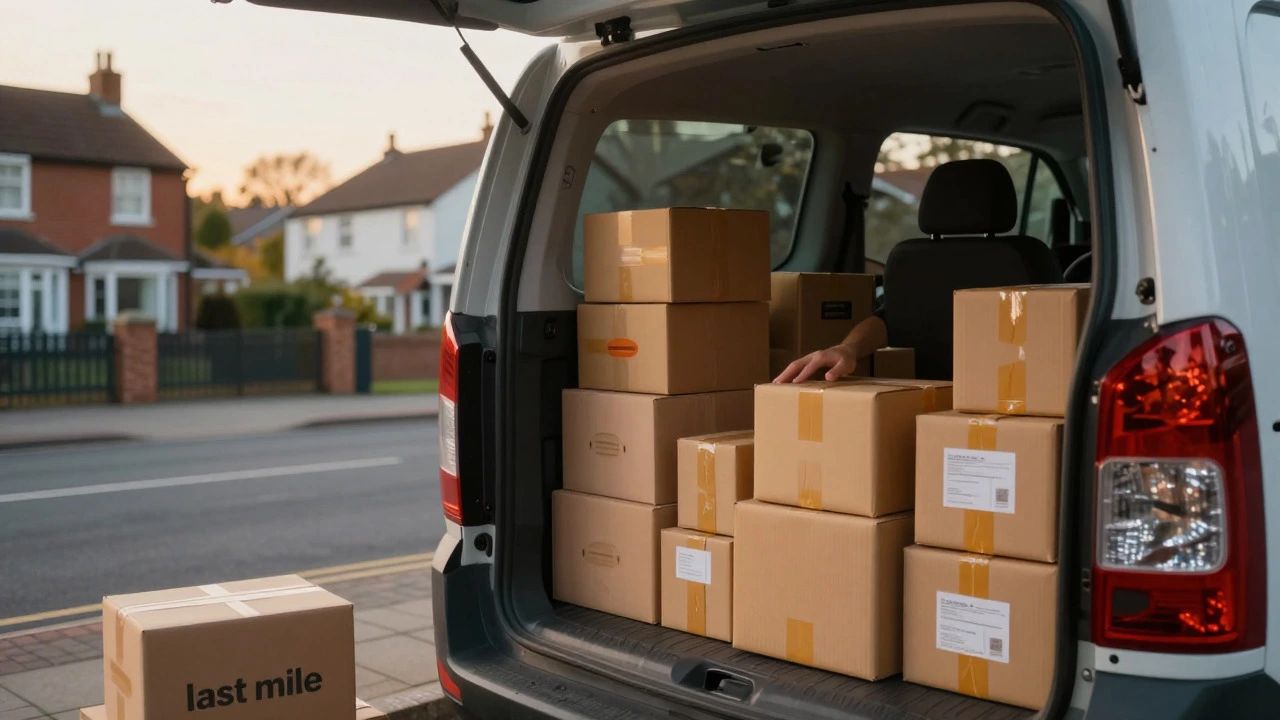 Delivery van on a residential street with packages inside, illustrating last-mile delivery