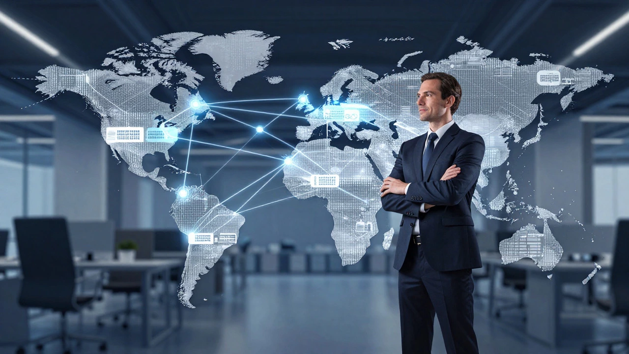 Executive analyzing global supply chain network on holographic map