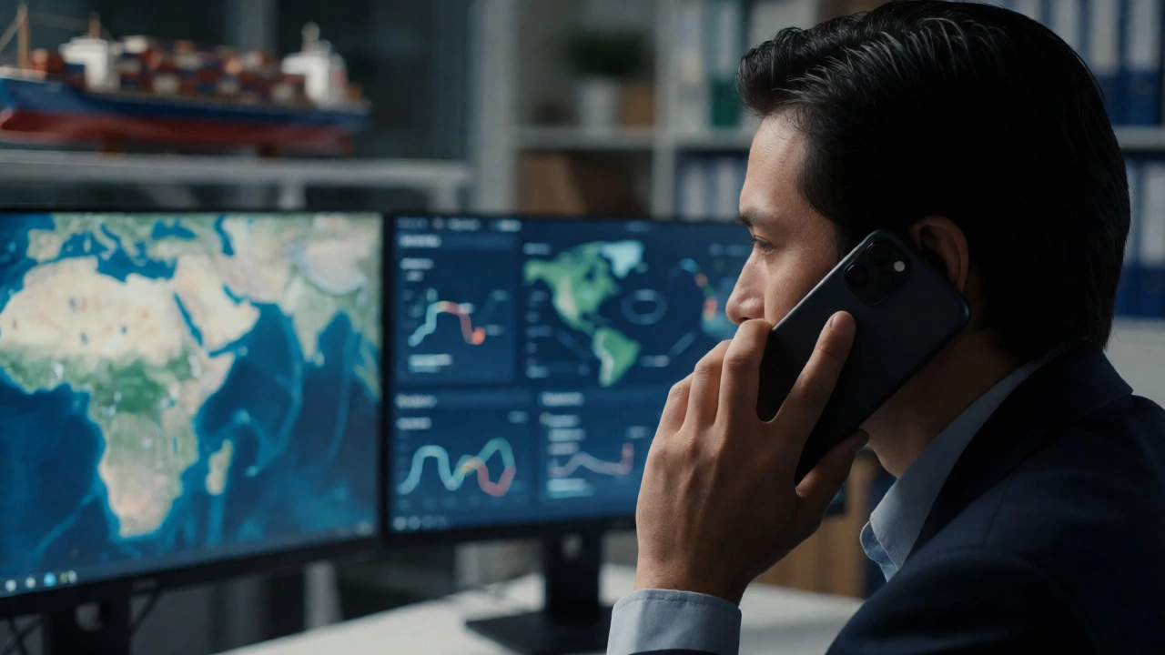 Freight forwarder on phone call in office with logistics dashboards