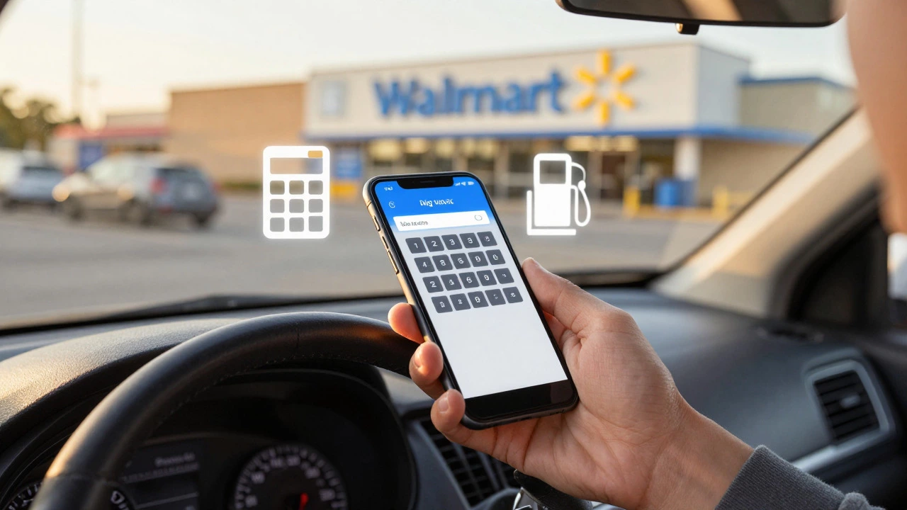Hand holding phone over car dashboard with finance icons