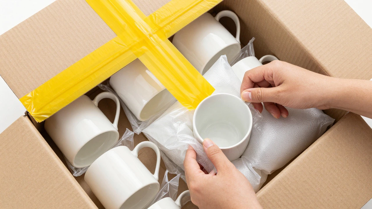 Hands packing ceramic mugs with air pillows and applying yellow tape to a box