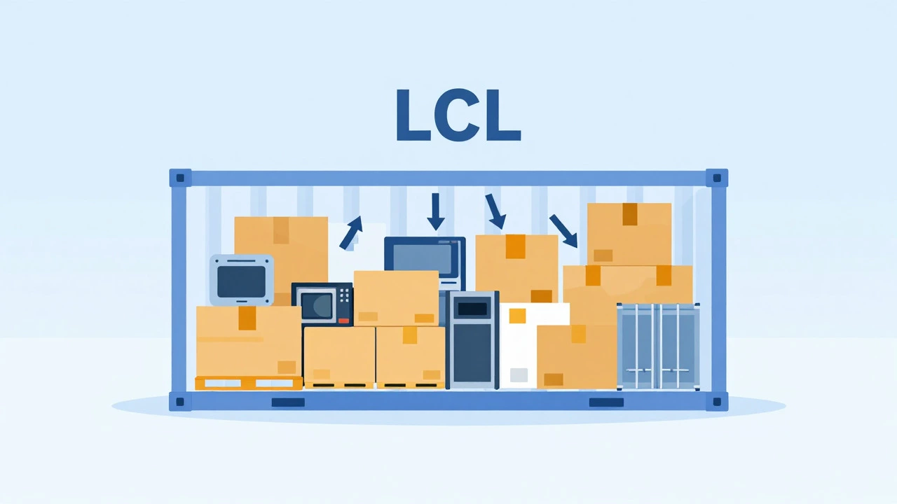 Illustration of mixed cargo being consolidated into a single shipping container