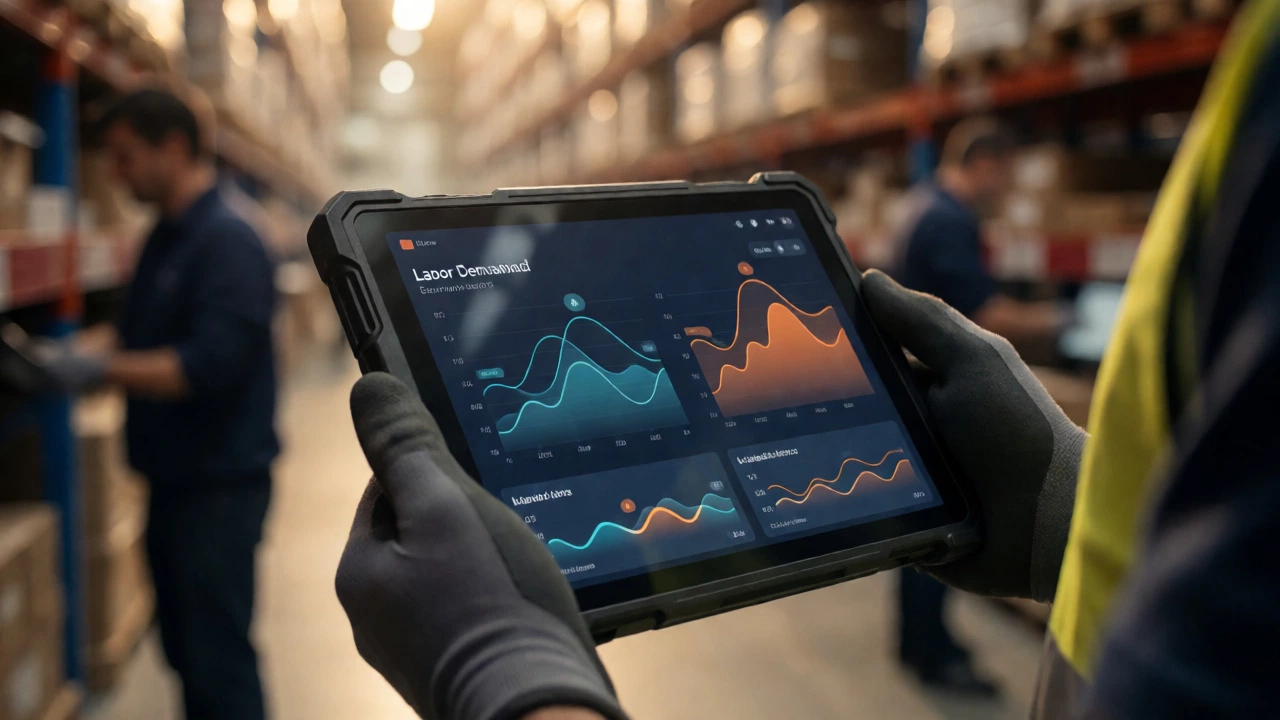 Manager viewing labor analytics on a tablet in a warehouse