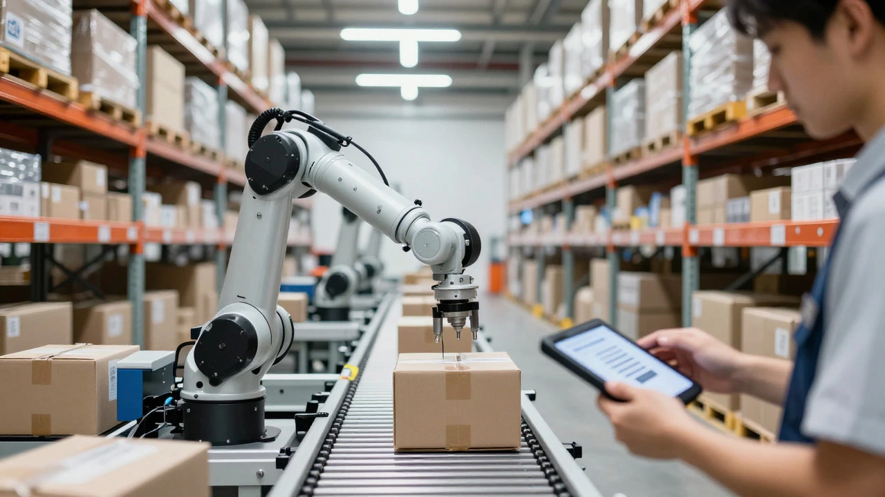 Modern automated warehouse with robots and workers processing orders