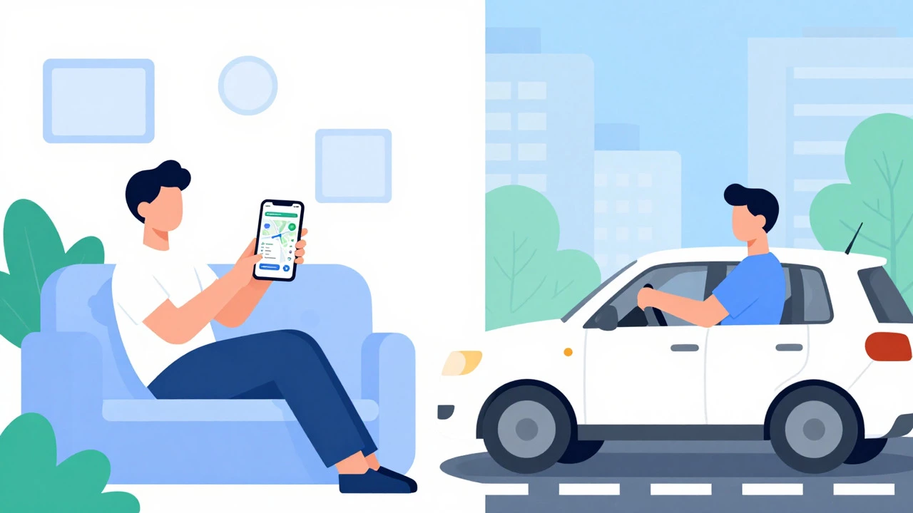 Split view of driver using app at home and driving car