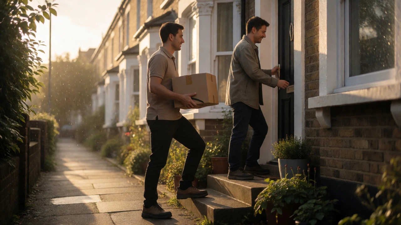 Amazon driver handing a package to a homeowner at the front door of a UK house.