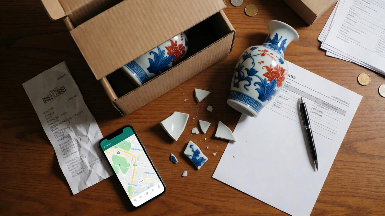 Broken vase next to a receipt and shipping forms on a wooden table.