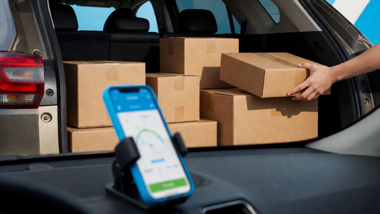 Close-up of an SUV trunk packed with packages and a phone mount inside the vehicle.