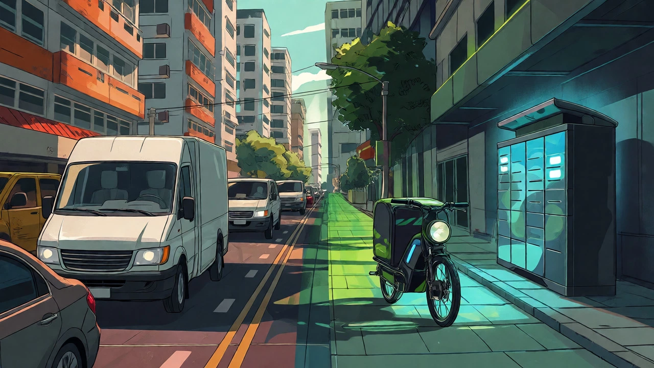 Conceptual view of last-mile delivery with bikes and smart lockers