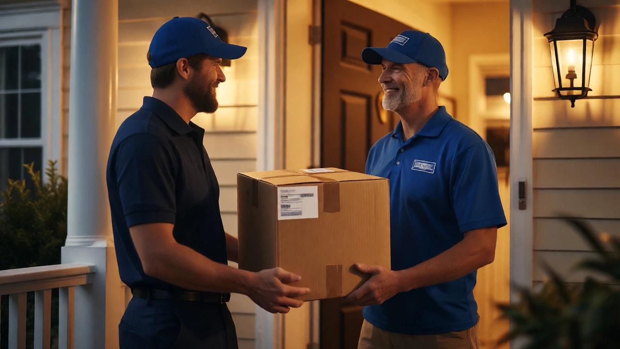 Courier handing a package to a resident