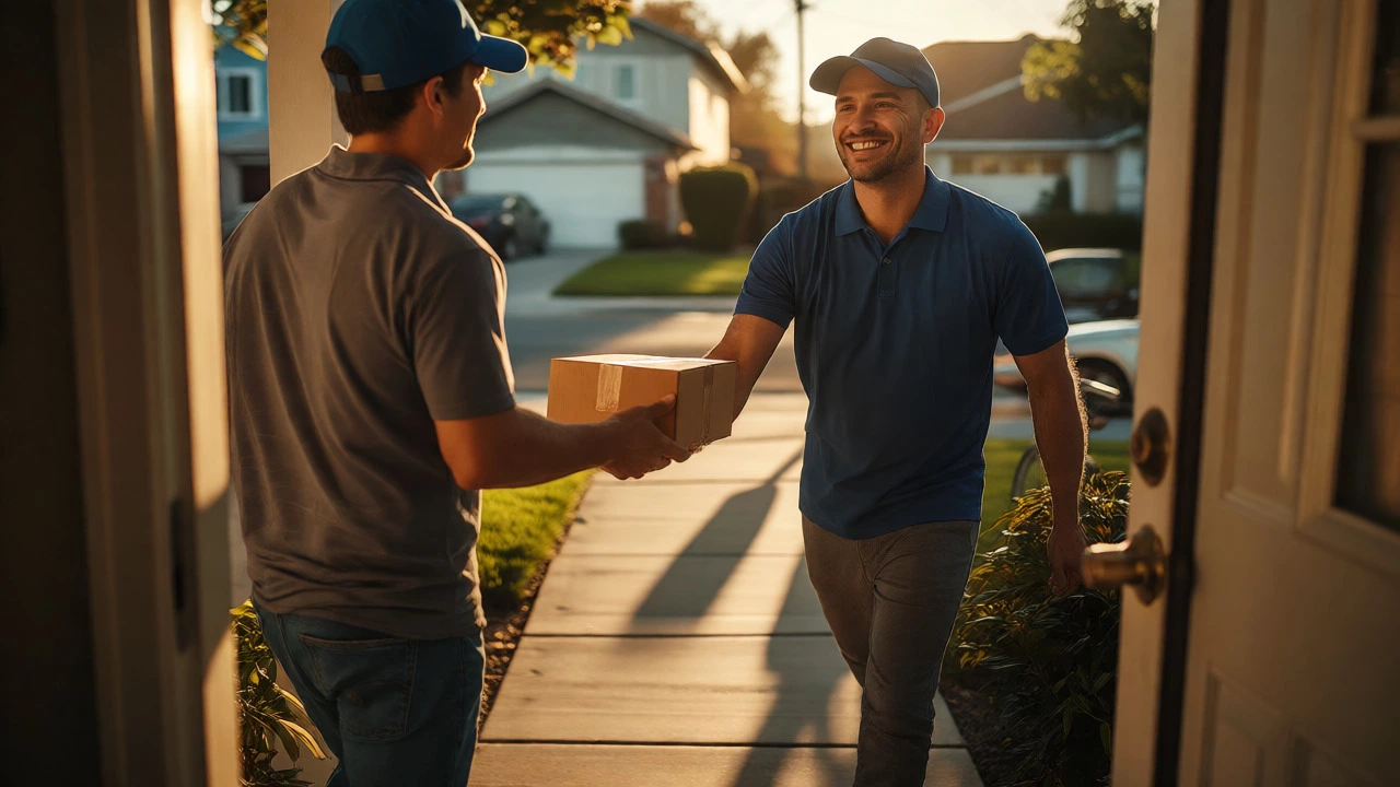 Delivery driver handing a package to a customer at their doorstep during sunset.