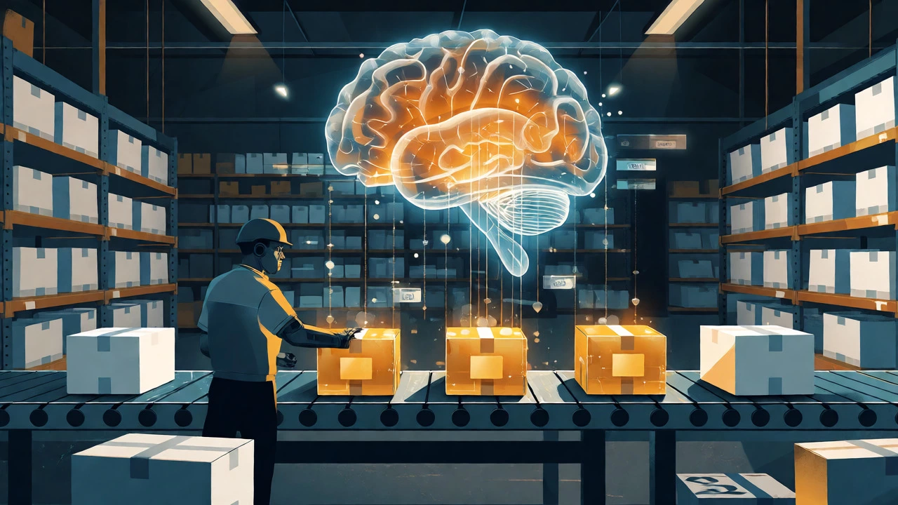 Digital CRM brain guiding smart package selection in a modern warehouse.
