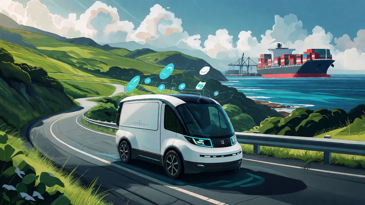 Electric delivery van on a scenic coastal road with digital overlays