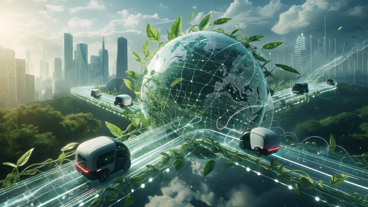 Futuristic globe with digital networks transforming into green vines and electric vehicles.