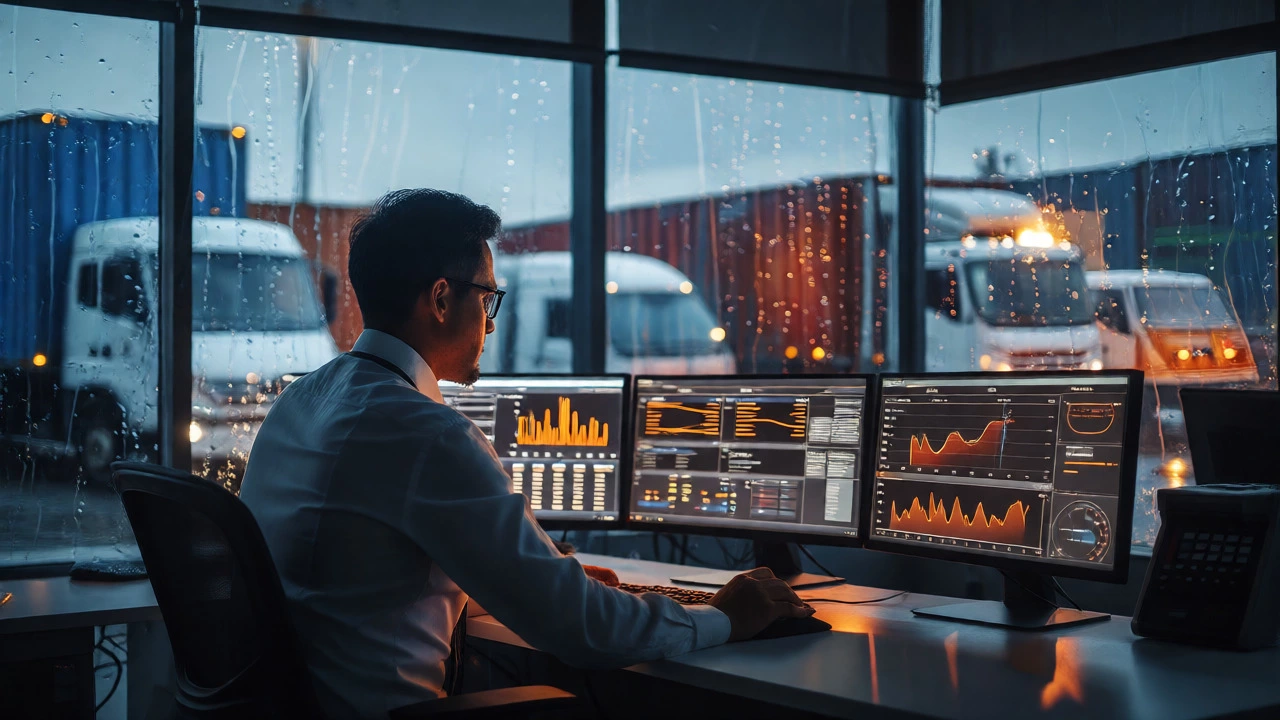 Logistics coordinator managing disruptions in a rainy control room