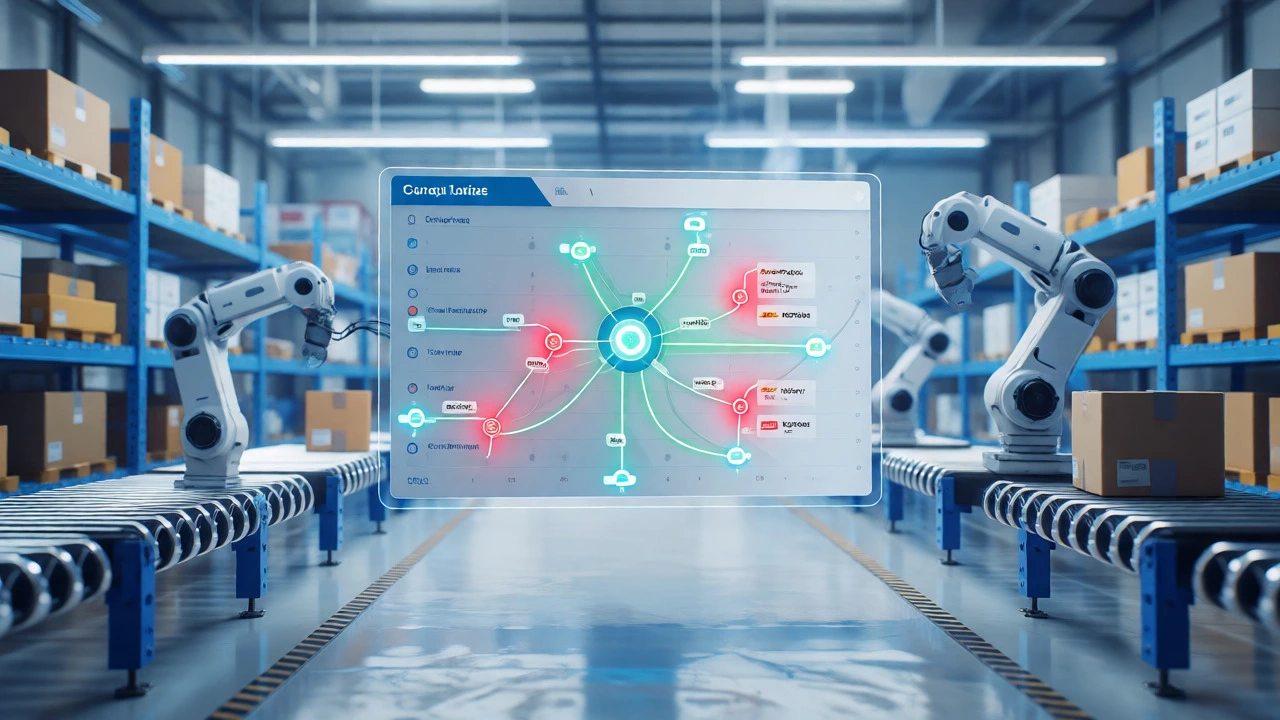 Modern warehouse with holographic logistics dashboard showing real-time route optimization.