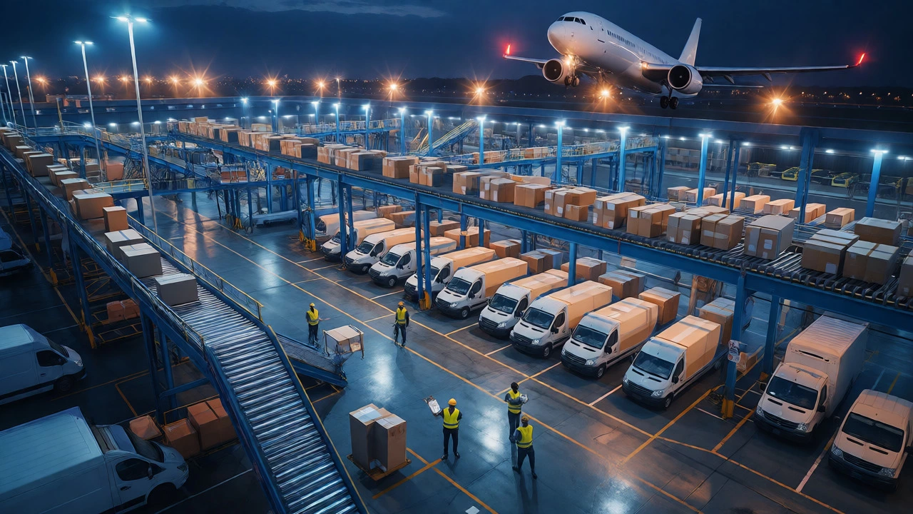 Nighttime logistics hub with sorting belts and planes taking off