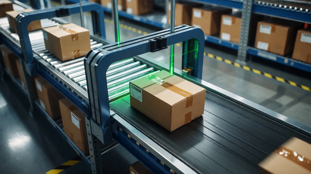 Parcel moving on a courier conveyor belt