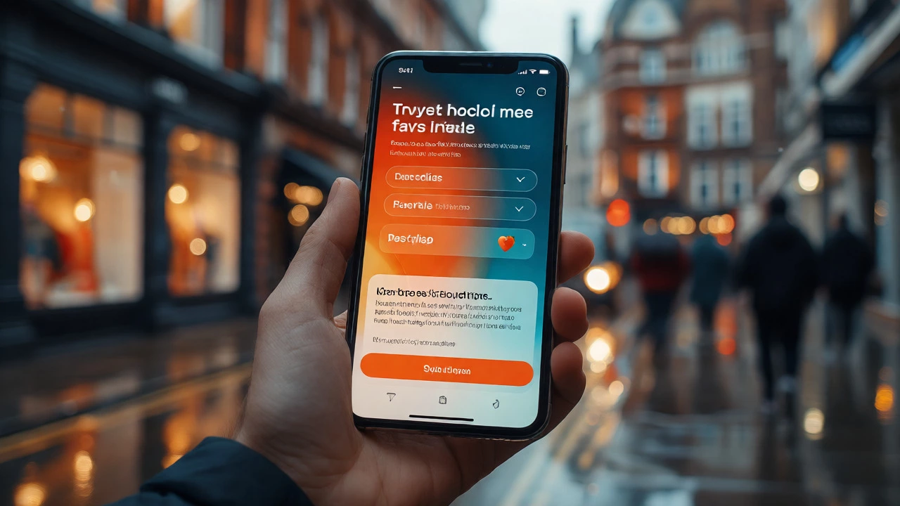 Smartphone showing personalized e-commerce app interface against a blurred city backdrop.