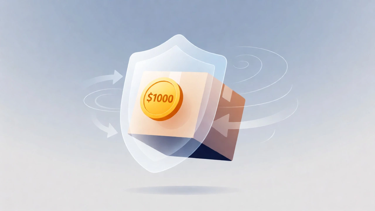 Stylized package protected by a glowing shield with a gold coin inside.