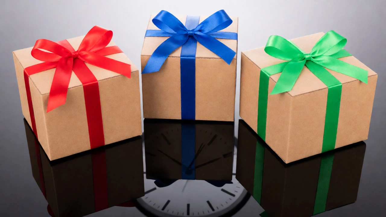 Three shipping boxes with colored ribbons representing different delivery speeds