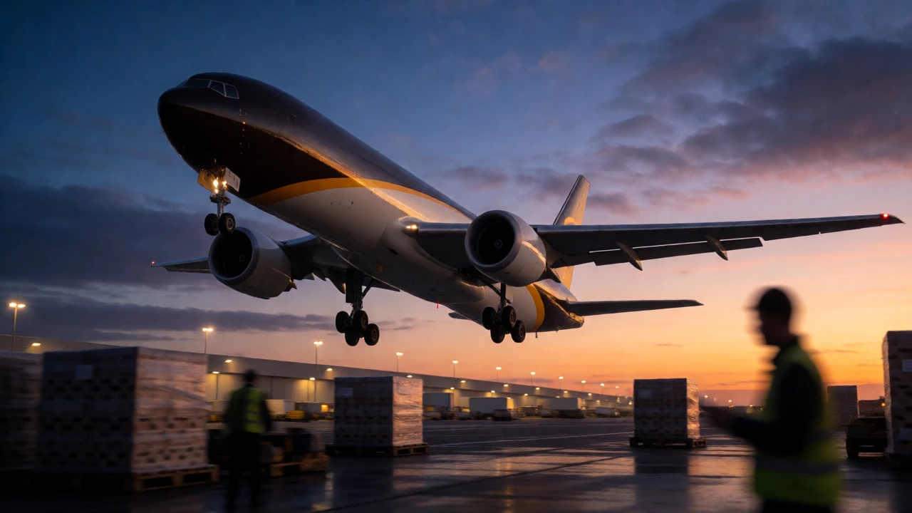 UPS cargo plane taking off at dawn from a logistics hub