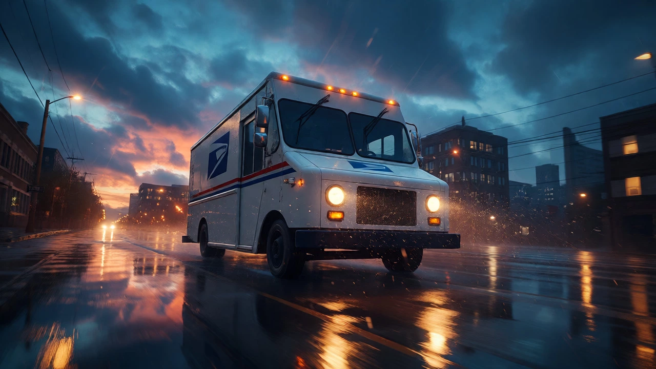 USPS mail truck driving through rainy city streets at dawn