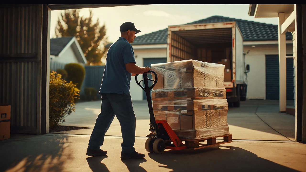 Worker moving a heavy pallet with a jack in a residential driveway