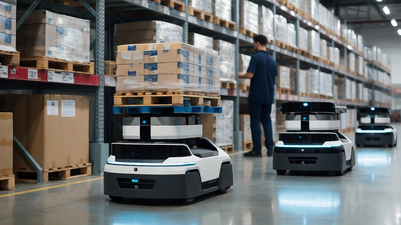 Autonomous mobile robot transporting goods to a picker