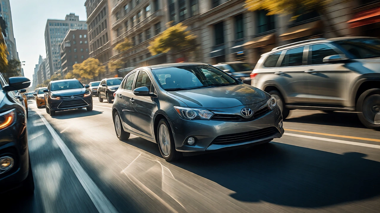 Compact hybrid car navigating busy city streets efficiently